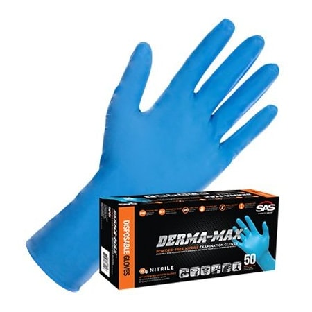 Sas Safety Derma-Max, Nitrile Exam Gloves, 8 mil Palm , Nitrile, Powder-Free, M, 100 PK, Blue SA6607-40